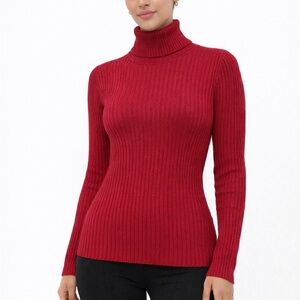 It’s Our Time Red Ribbed Turtleneck Top Stretch Fitted Long Sleeve